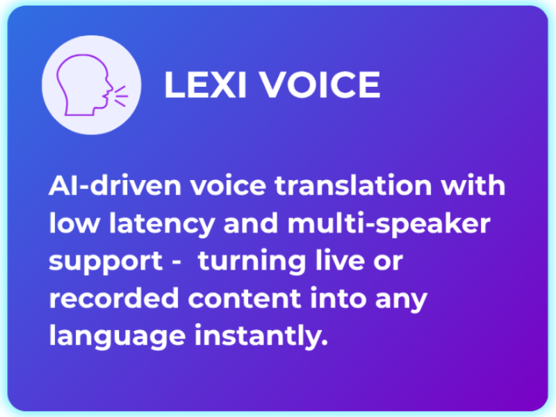 LEXI Voice card: AI-driven voice translation with low latency and multi-speaker support, turning live or recorded content into multiple languages instantly.